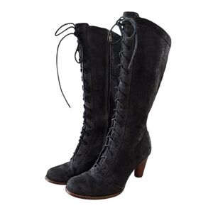 UGG Camille Shearling Victorian-esque Lace-Up Black Suede Boots – Sz 8.5